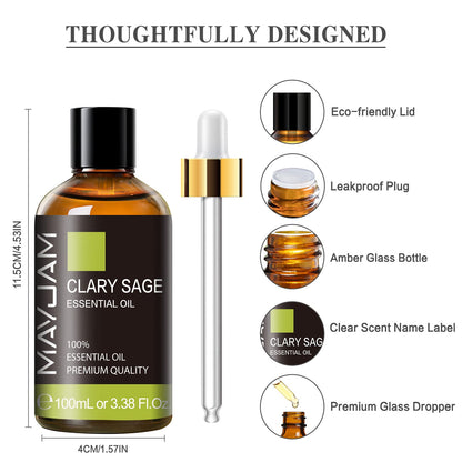 Clary Sage Essential Oil with Glass Dropper – MAYJAM 100ml (3.38 fl oz) for Aromatherapy & Relaxation