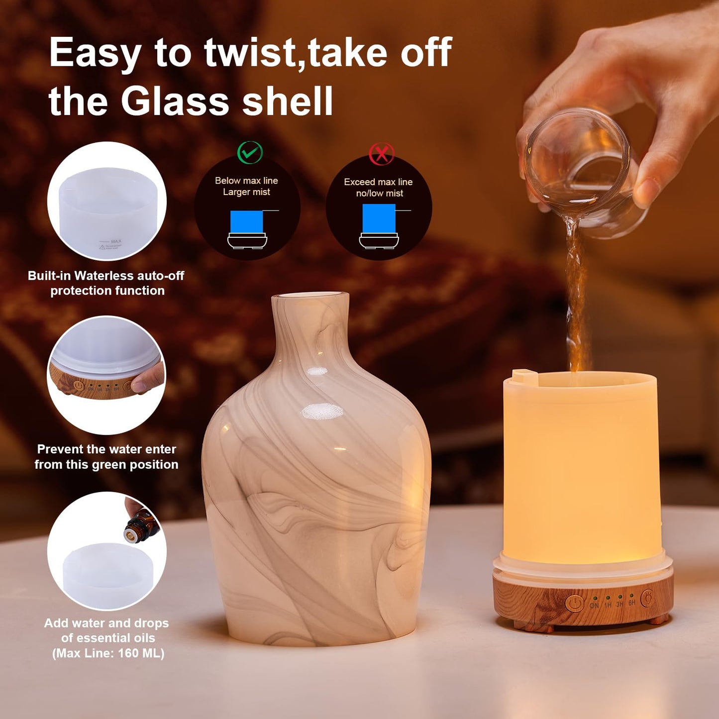 Classical Vase Glass Aromatherapy Diffuser 160ml – Ultrasonic Humidifier with LED Night Light
