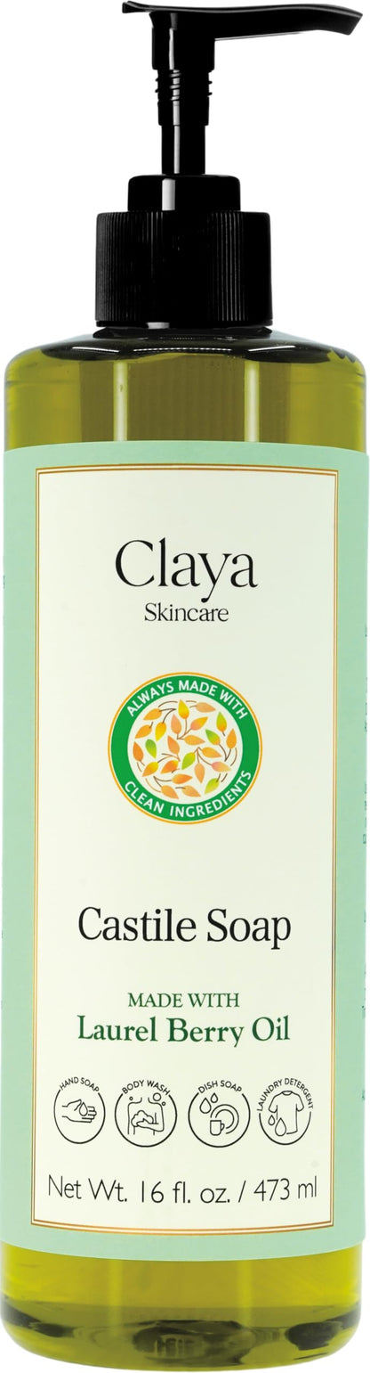 Claya Liquid Castile Soap – Organic, Biodegradable, Gentle for Sensitive Skin (16 fl oz, Laurel Berry)