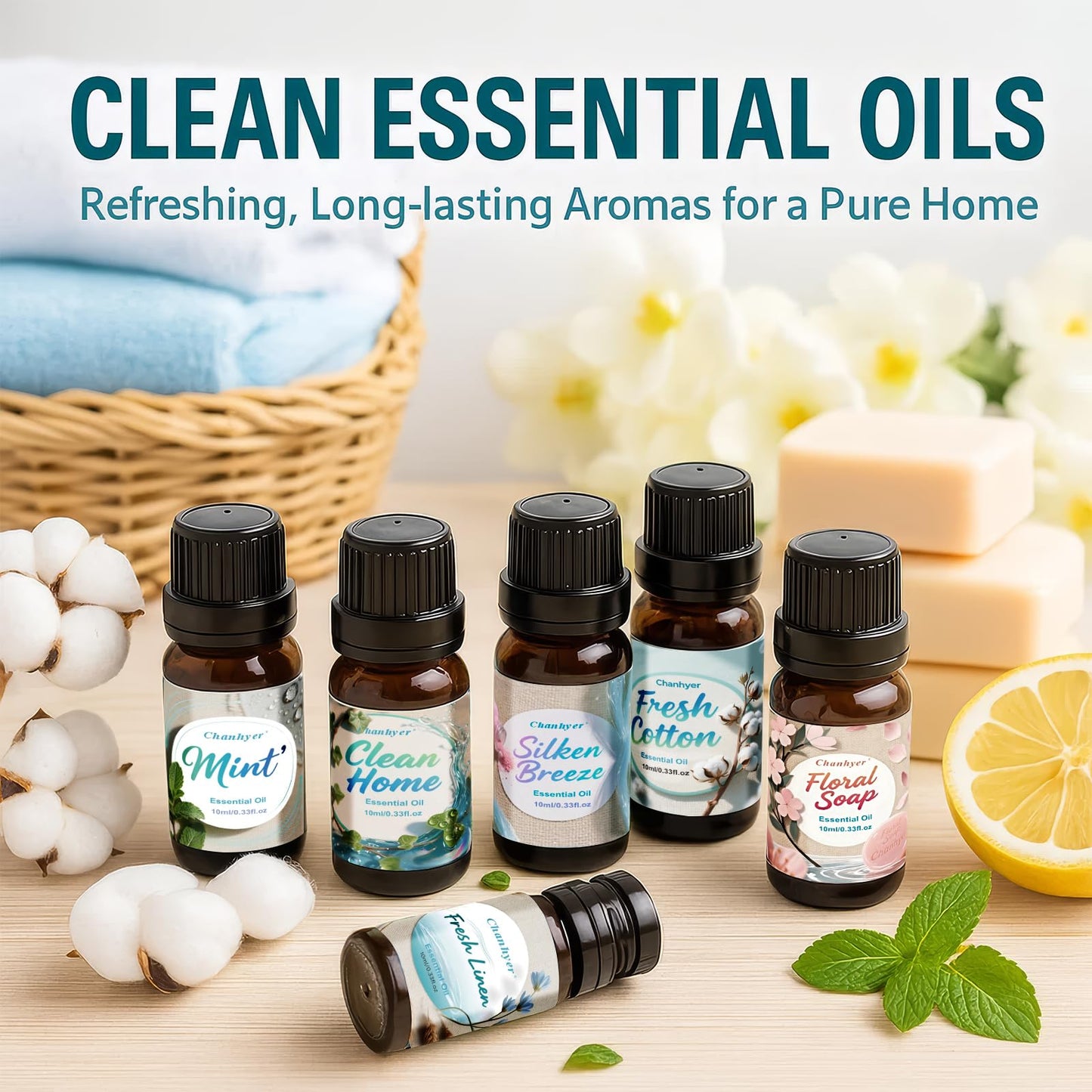 Clean Essential Oils Set 6x10ml – Fresh Linen, Mint, Clean Home
