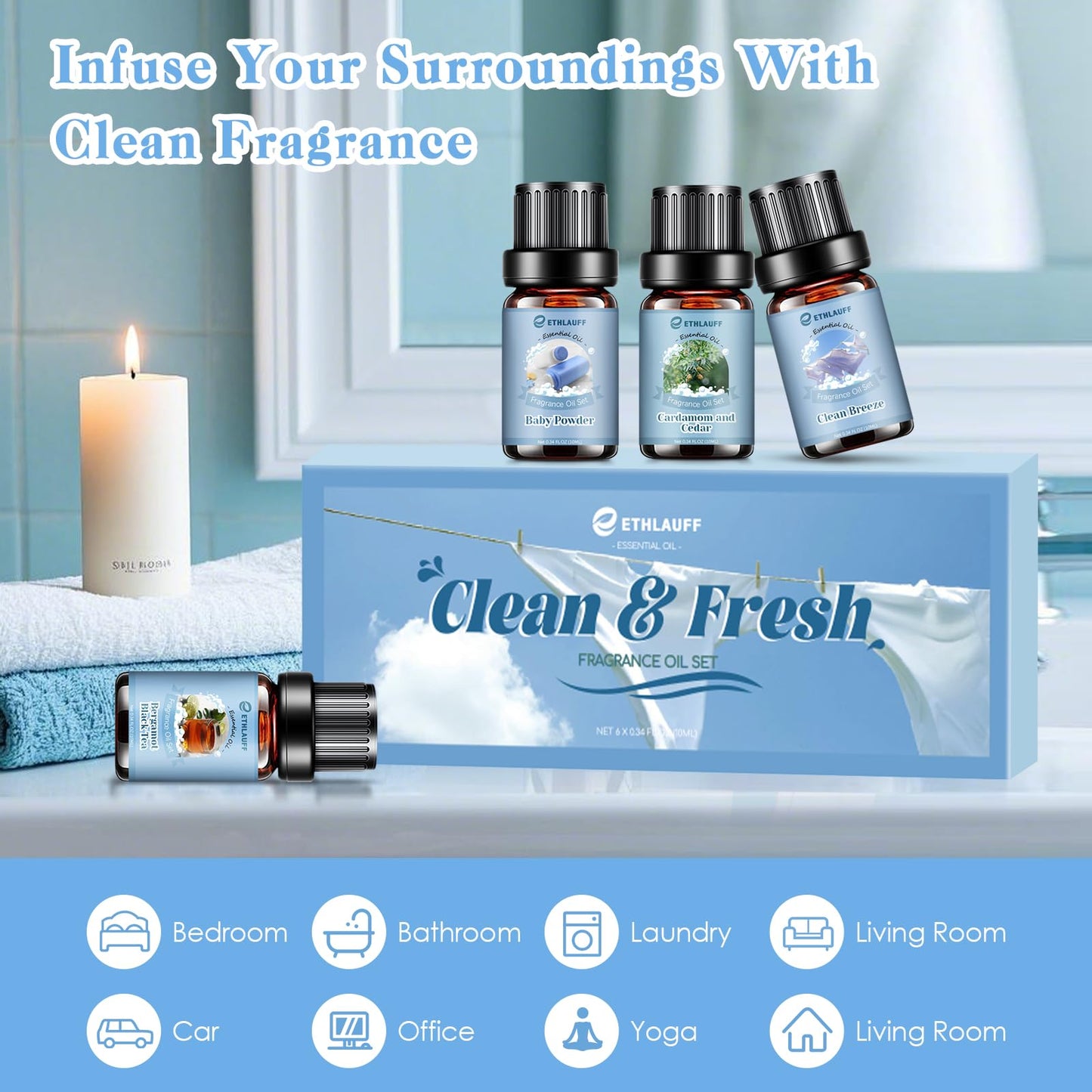 Clean Essential Oils Set – 6 Pack for Diffusers & Laundry