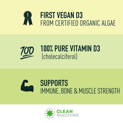 CLEAN MACHINE Organic Vegan Vitamin D3 4000 IU | 30 Capsules | USDA Certified Organic