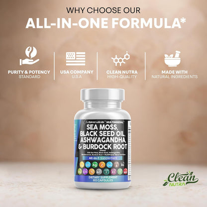 Clean Nutraceuticals Sea Moss & Black Seed Oil 15-in-1 with Ashwagandha, Turmeric, Vitamin C & D3
