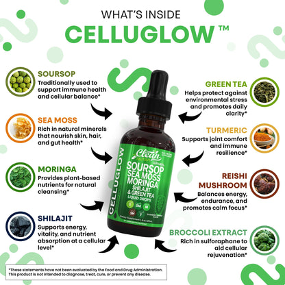 Clean Nutra CelluGlow Liquid Drops – Soursop, Sea Moss, Moringa (120 mL) Raspberry Lemonade