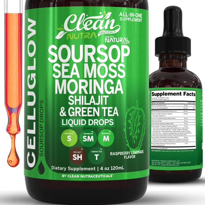 Clean Nutra CelluGlow Liquid Drops – Soursop, Sea Moss, Moringa (120 mL) Raspberry Lemonade