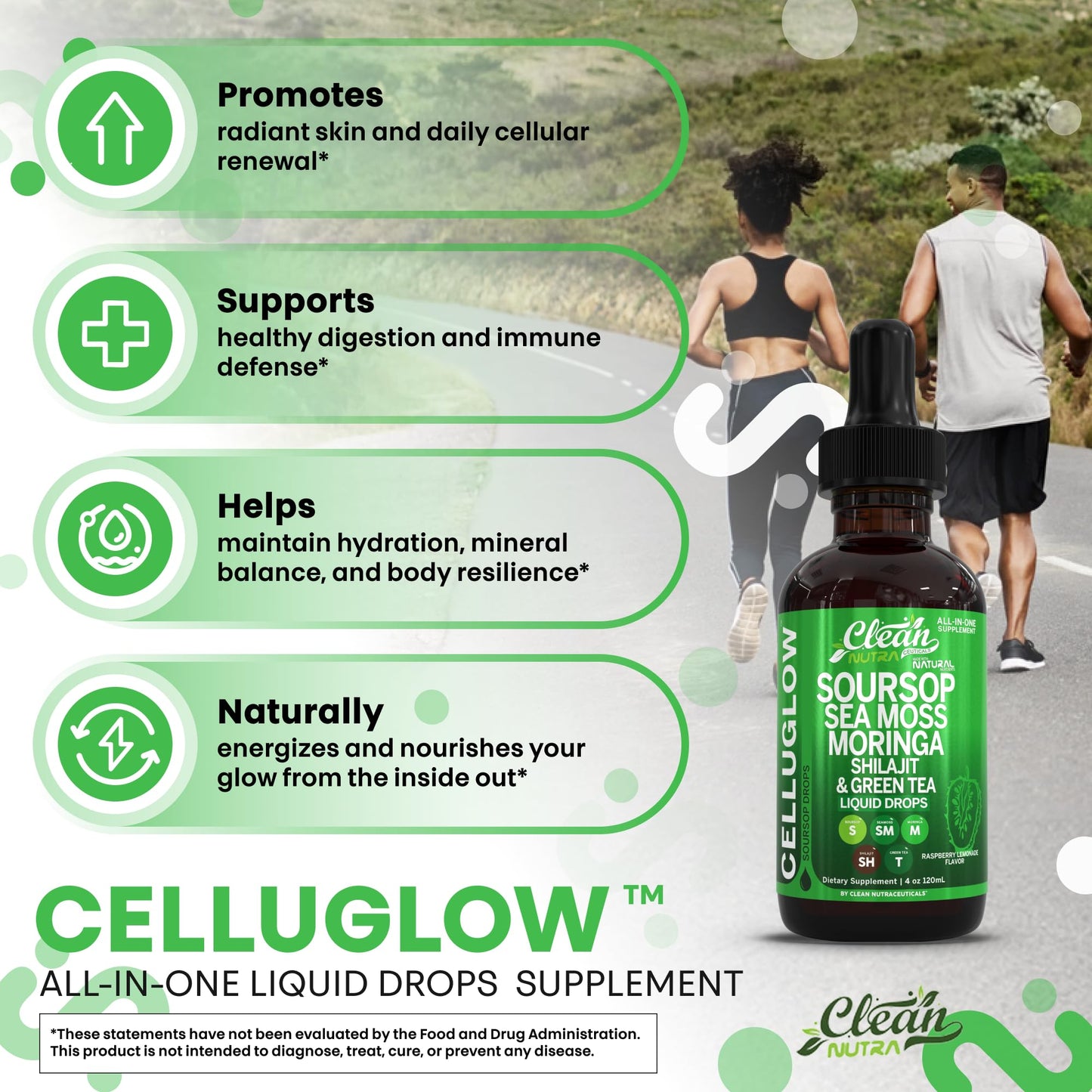 Clean Nutra CelluGlow Liquid Drops – Soursop, Sea Moss, Moringa (120 mL) Raspberry Lemonade