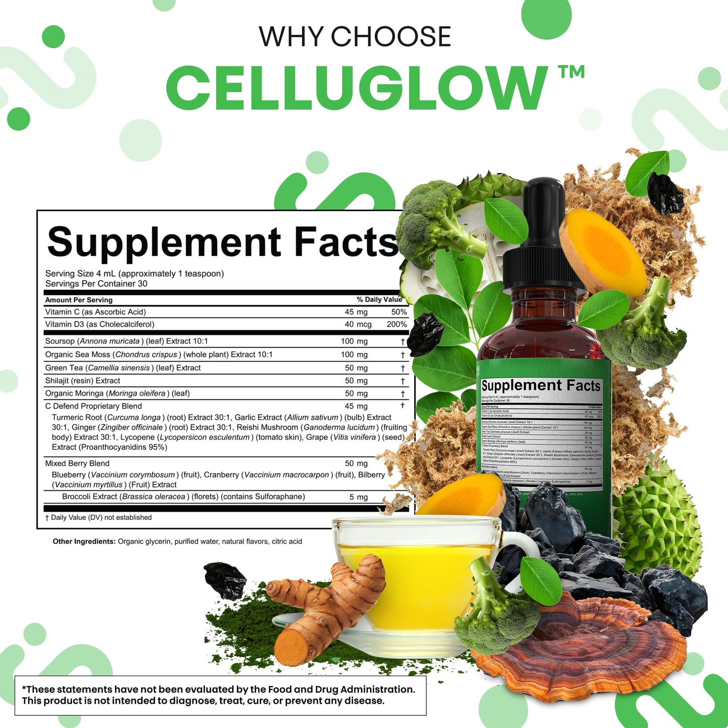 Clean Nutra CelluGlow Liquid Drops – Soursop, Sea Moss, Moringa (120 mL) Raspberry Lemonade