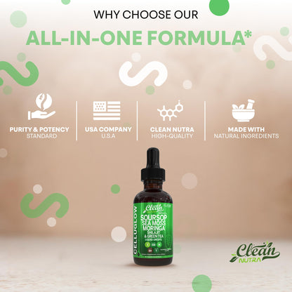 Clean Nutra CelluGlow Liquid Drops – Soursop, Sea Moss, Moringa (120 mL) Raspberry Lemonade
