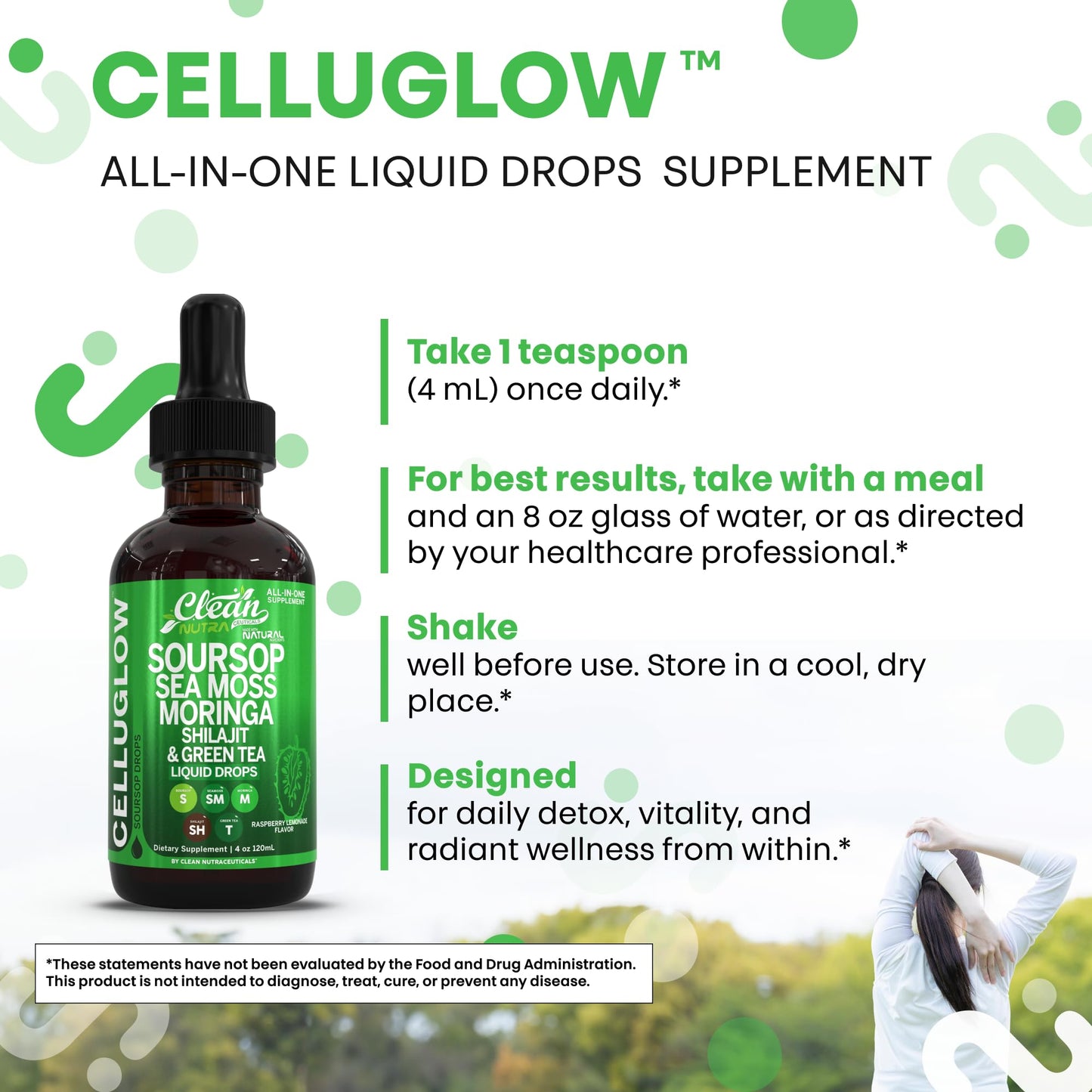 Clean Nutra CelluGlow Liquid Drops – Soursop, Sea Moss, Moringa (120 mL) Raspberry Lemonade