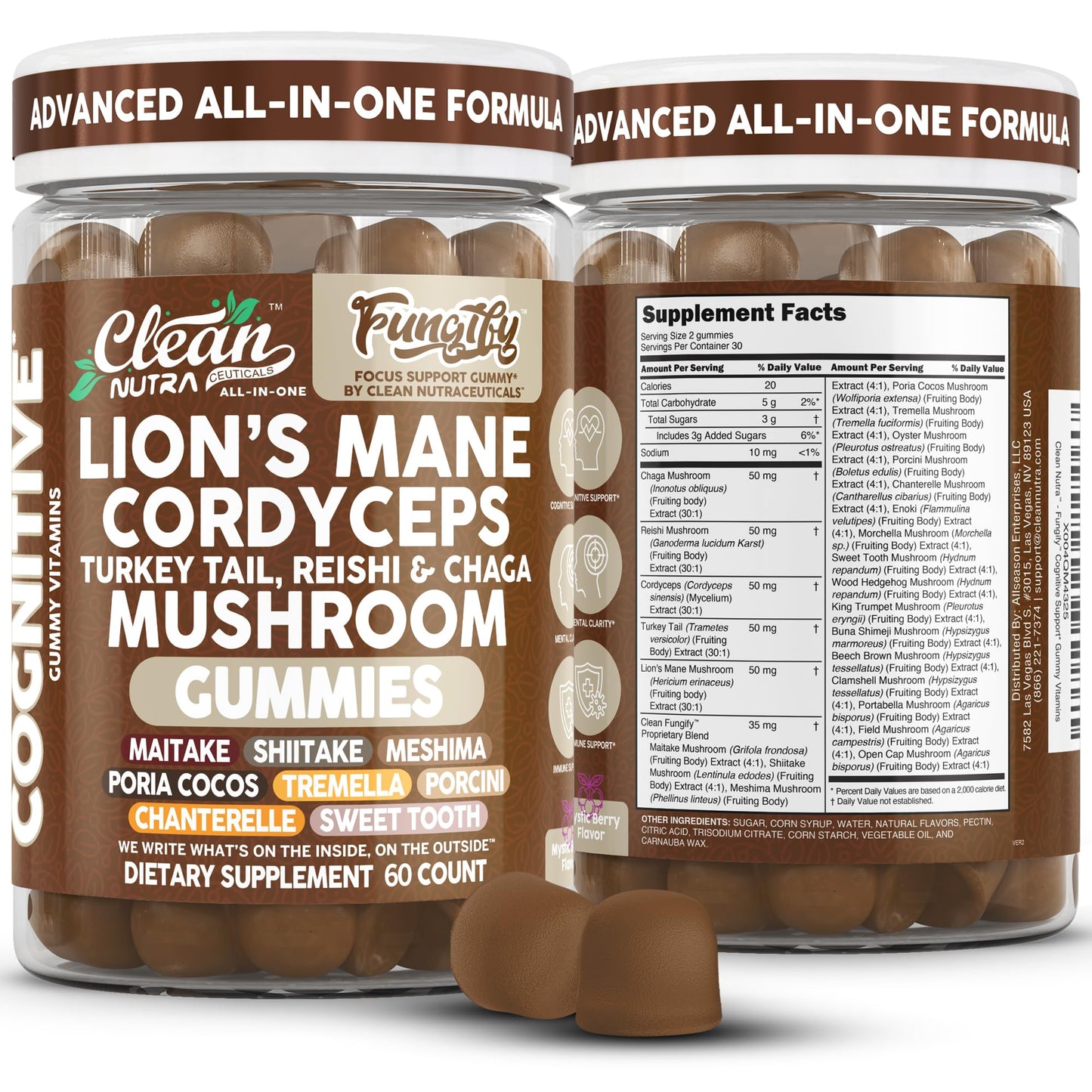 Clean Nutra Lions Mane Gummies — Memory & Focus with Cordyceps, Reishi & Immune Support