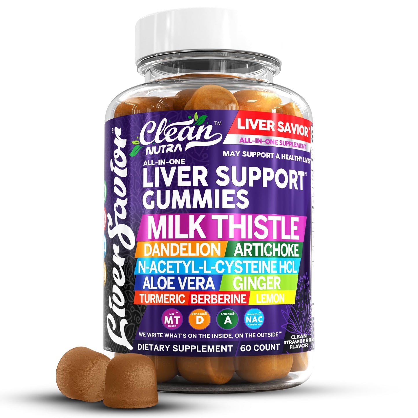 Clean Nutra Liver Cleanse Detox & Repair Gummies | Milk Thistle Gummy Liver Support Vitamins | Dandelion, Artichoke, Aloe Vera, Ginger, Berberine, Lemon, N-Acetyl-L-Cysteine, Turmeric Supplement HCL