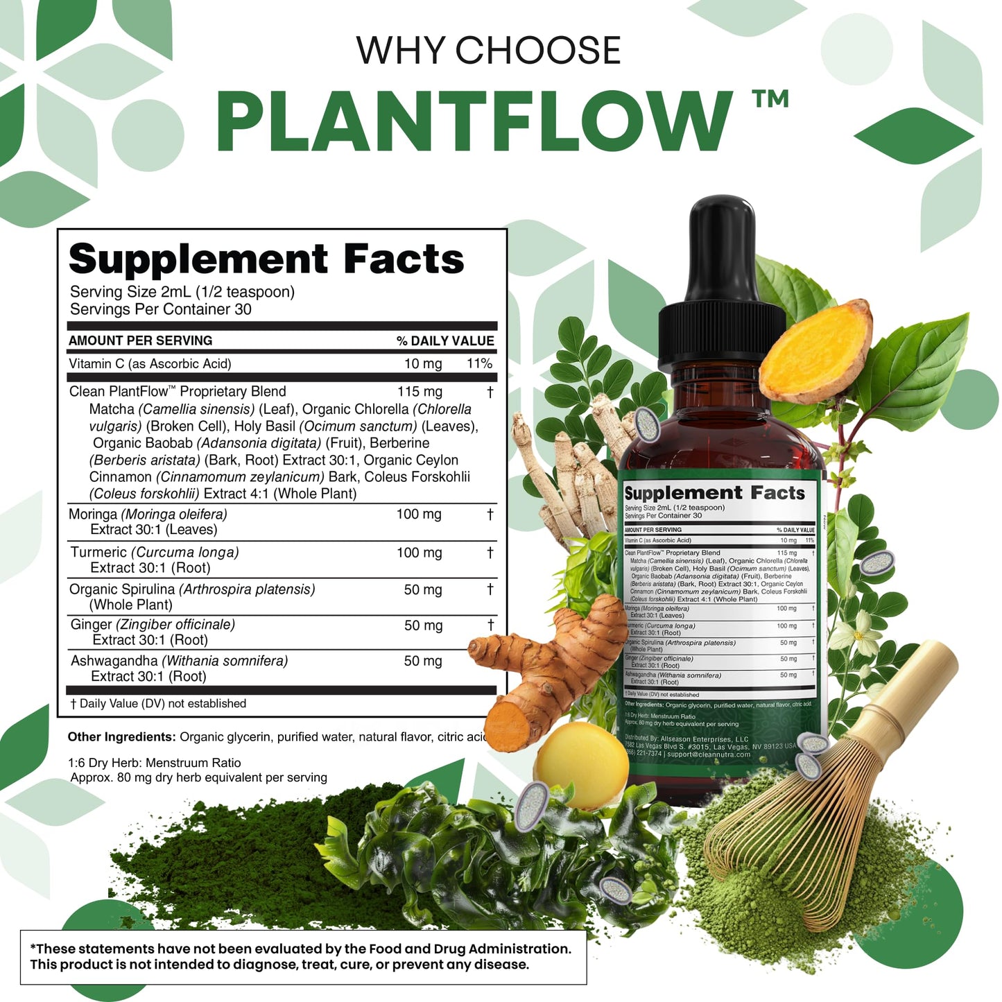 Clean Nutra Moringa Supplement Drops Ashwagandha Spirulina Chlorella Turmeric & Ginger Liquid Barley Grass with Chlorophyll Blue Green Algae Vitamin C Antioxidant Holy Basil Ceylon Cinnamon PlantFlow