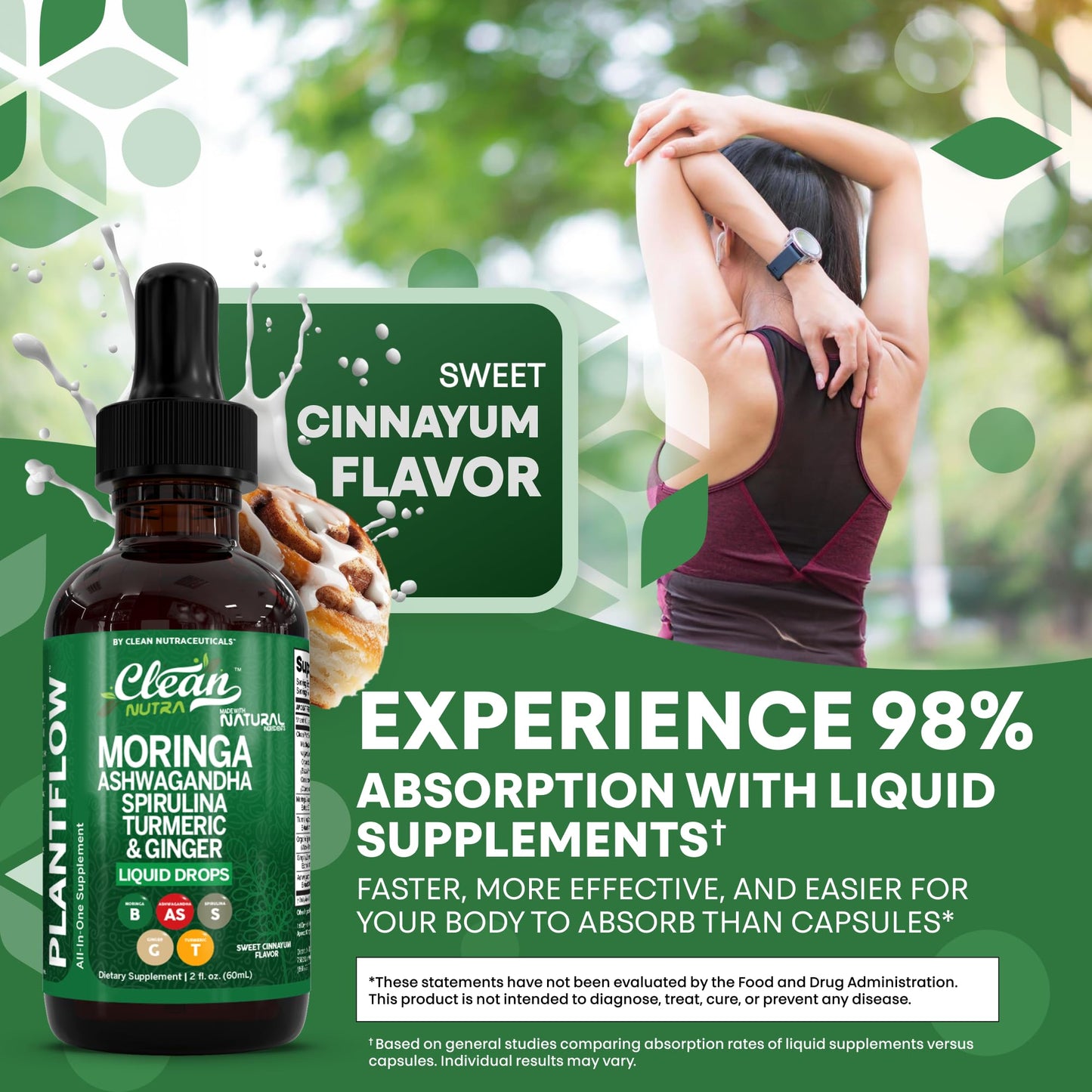 Clean Nutra Moringa Supplement Drops Ashwagandha Spirulina Chlorella Turmeric & Ginger Liquid Barley Grass with Chlorophyll Blue Green Algae Vitamin C Antioxidant Holy Basil Ceylon Cinnamon PlantFlow