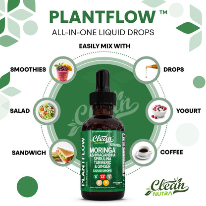 Clean Nutra Moringa Supplement Drops Ashwagandha Spirulina Chlorella Turmeric & Ginger Liquid Barley Grass with Chlorophyll Blue Green Algae Vitamin C Antioxidant Holy Basil Ceylon Cinnamon PlantFlow
