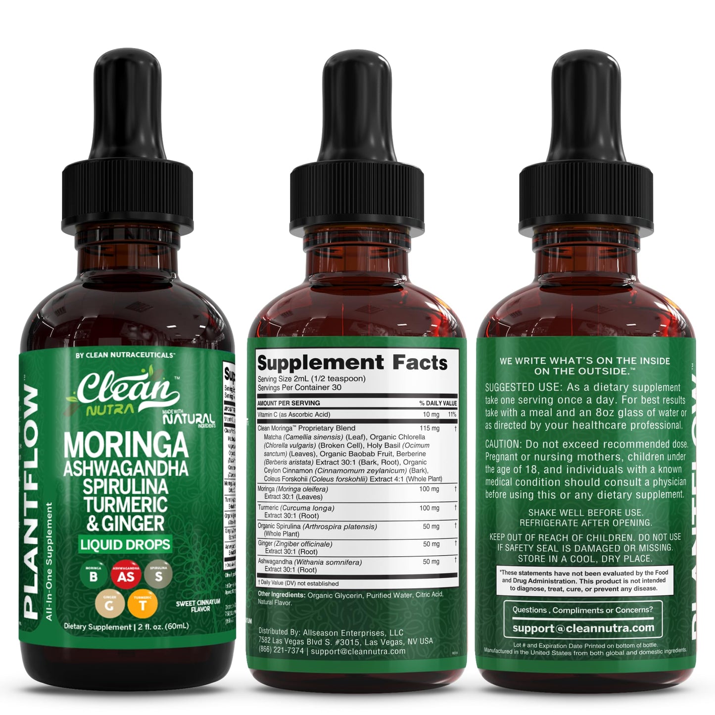 Clean Nutra Moringa Supplement Drops Ashwagandha Spirulina Chlorella Turmeric & Ginger Liquid Barley Grass with Chlorophyll Blue Green Algae Vitamin C Antioxidant Holy Basil Ceylon Cinnamon PlantFlow