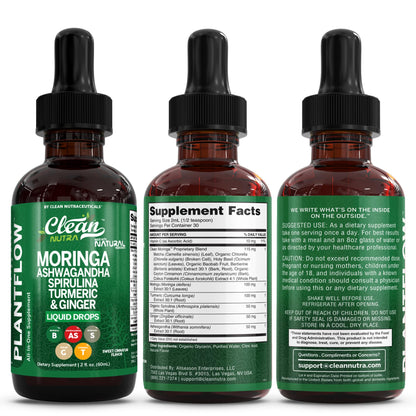 Clean Nutra Moringa Supplement Drops Ashwagandha Spirulina Chlorella Turmeric & Ginger Liquid Barley Grass with Chlorophyll Blue Green Algae Vitamin C Antioxidant Holy Basil Ceylon Cinnamon PlantFlow