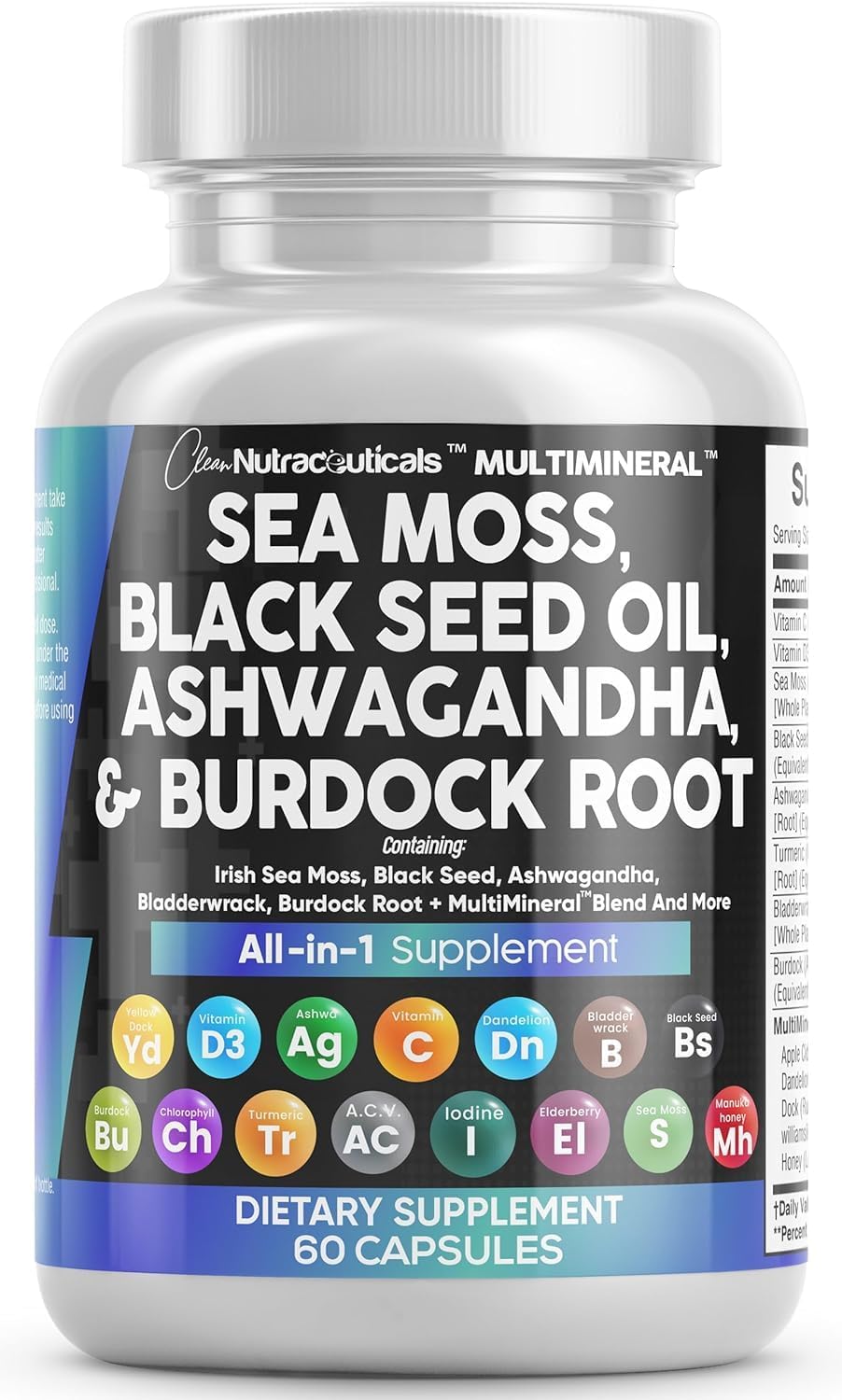 Clean Nutraceuticals Sea Moss & Black Seed Oil 15-in-1 with Ashwagandha, Turmeric, Vitamin C & D3