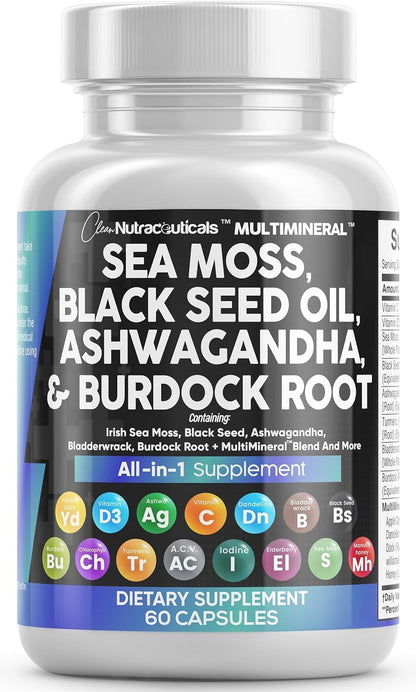 Clean Nutraceuticals Sea Moss & Black Seed Oil 15-in-1 with Ashwagandha, Turmeric, Vitamin C & D3
