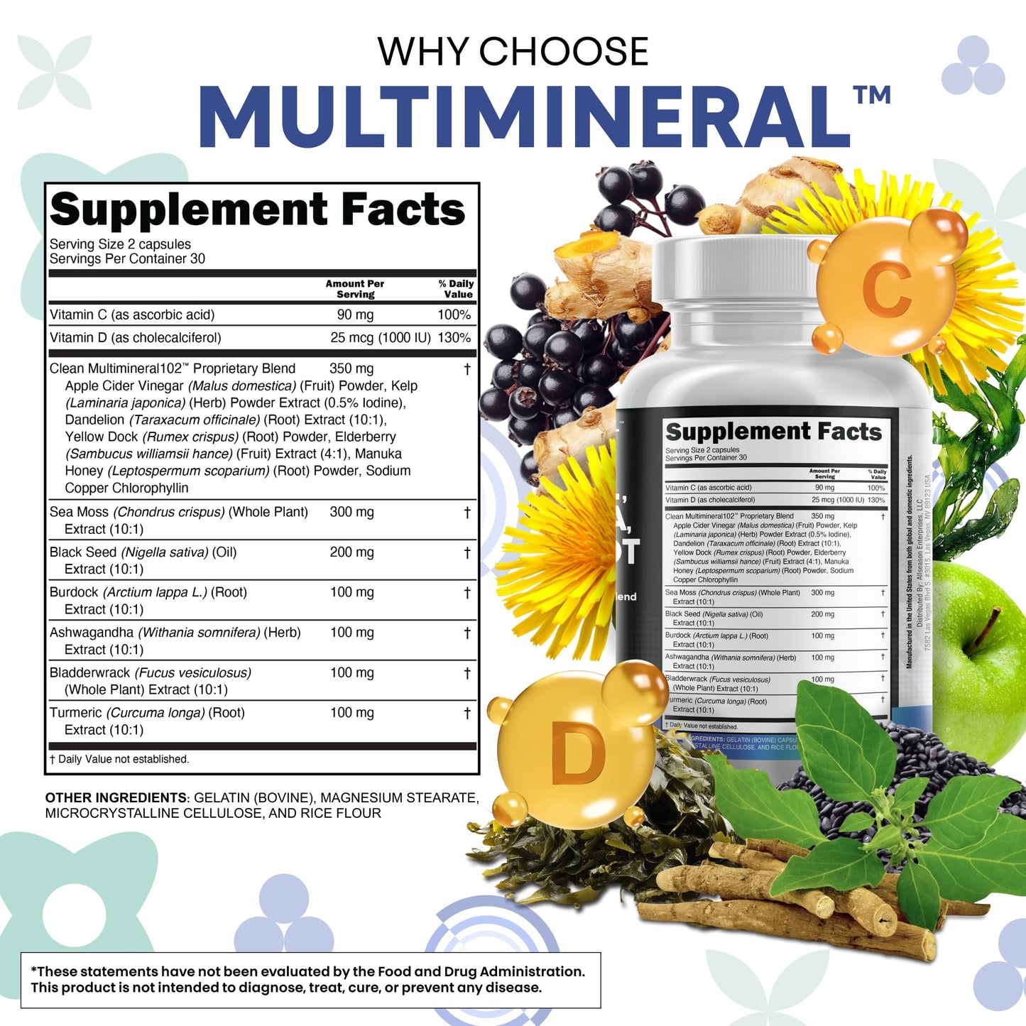 Clean Nutraceuticals Sea Moss & Black Seed Oil 15-in-1 with Ashwagandha, Turmeric, Vitamin C & D3