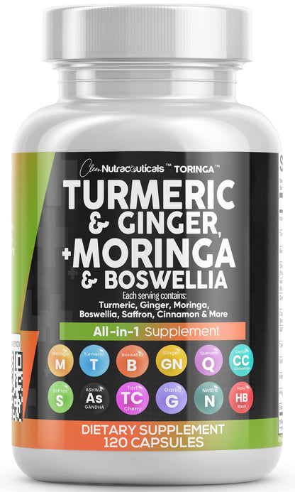 Clean Nutra All-in-One Turmeric Moringa Supplement Ginger Boswellia Saffron - 1Pack