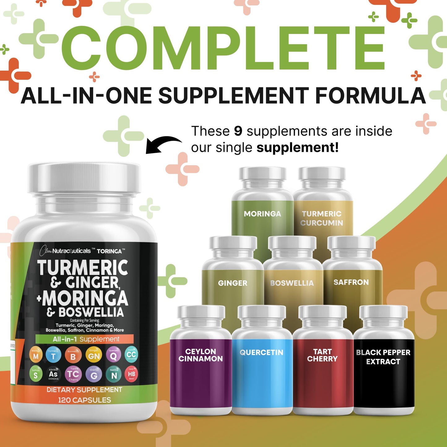 Clean Nutra All-in-One Turmeric Moringa Supplement Ginger Boswellia Saffron - 1Pack