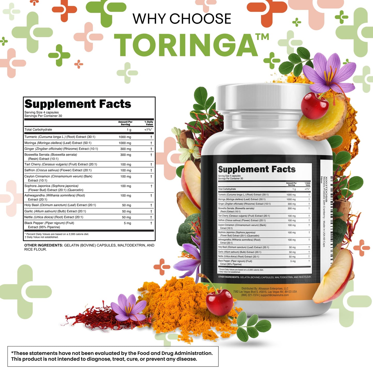 Clean Nutra All-in-One Turmeric Moringa Supplement Ginger Boswellia Saffron - 1Pack
