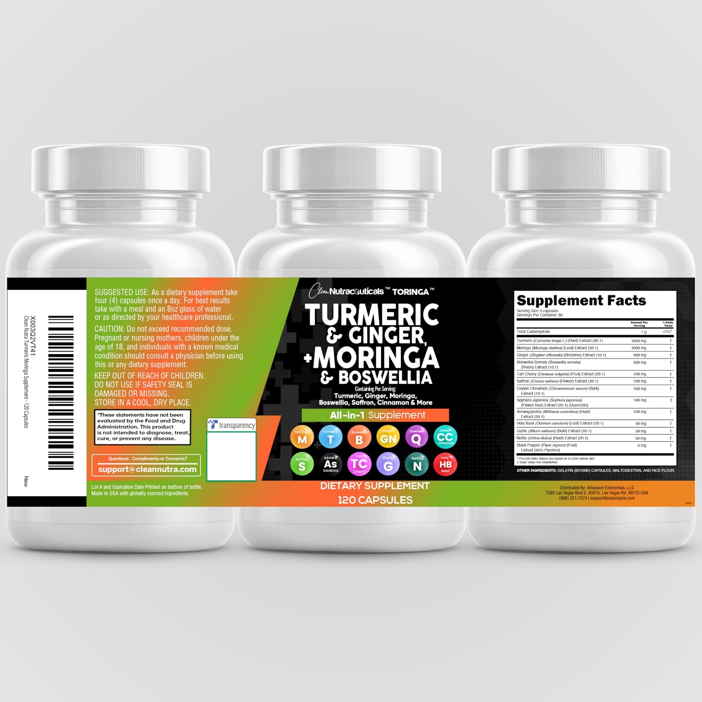 Clean Nutra All-in-One Turmeric Moringa Supplement Ginger Boswellia Saffron - 1Pack