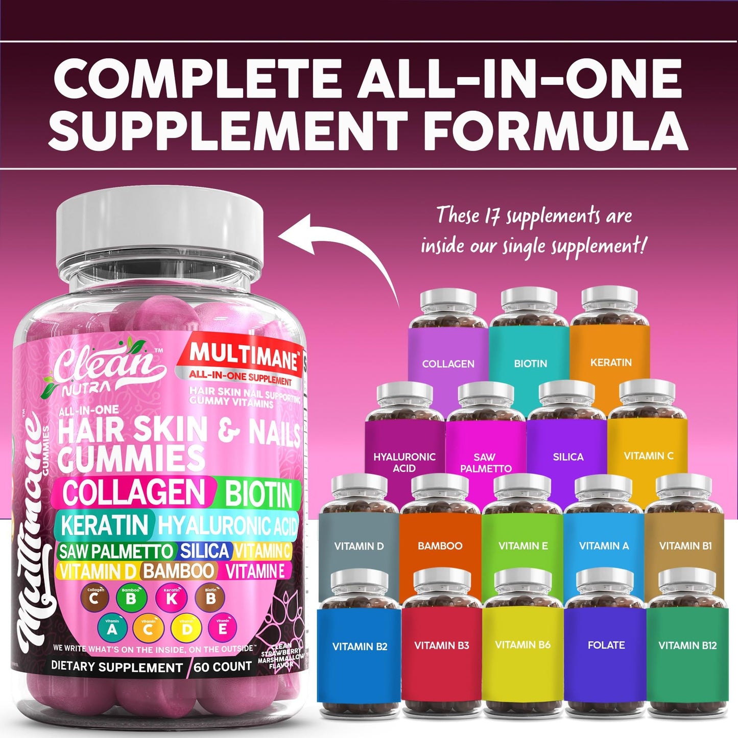 Clean Nutraceuticals Biotin Collagen Keratin Gummies | Hair, Skin & Nails Vitamins for Women
