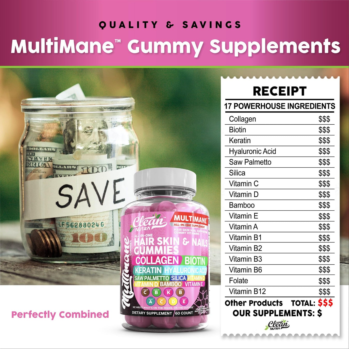 Clean Nutraceuticals Biotin Collagen Keratin Gummies | Hair, Skin & Nails Vitamins for Women