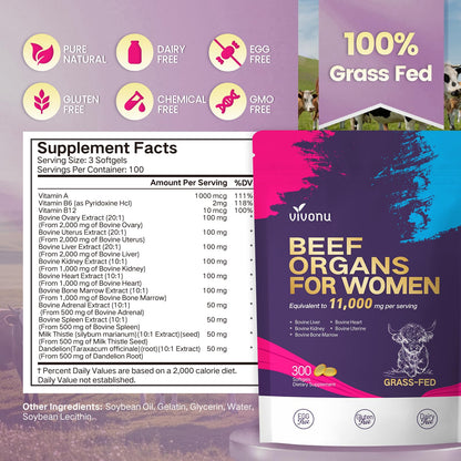 Beef Organ Supplement for Women - 100 Day Supply | 11,000mg per Serving | Grass-Fed