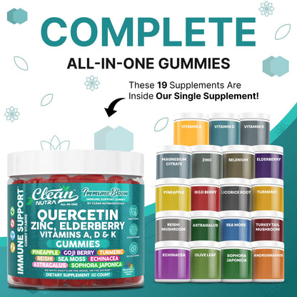 Clean Quercetin Elderberry Immune Gummies – Zinc, D3, K2, Sea Moss | Vegan Immunity Support