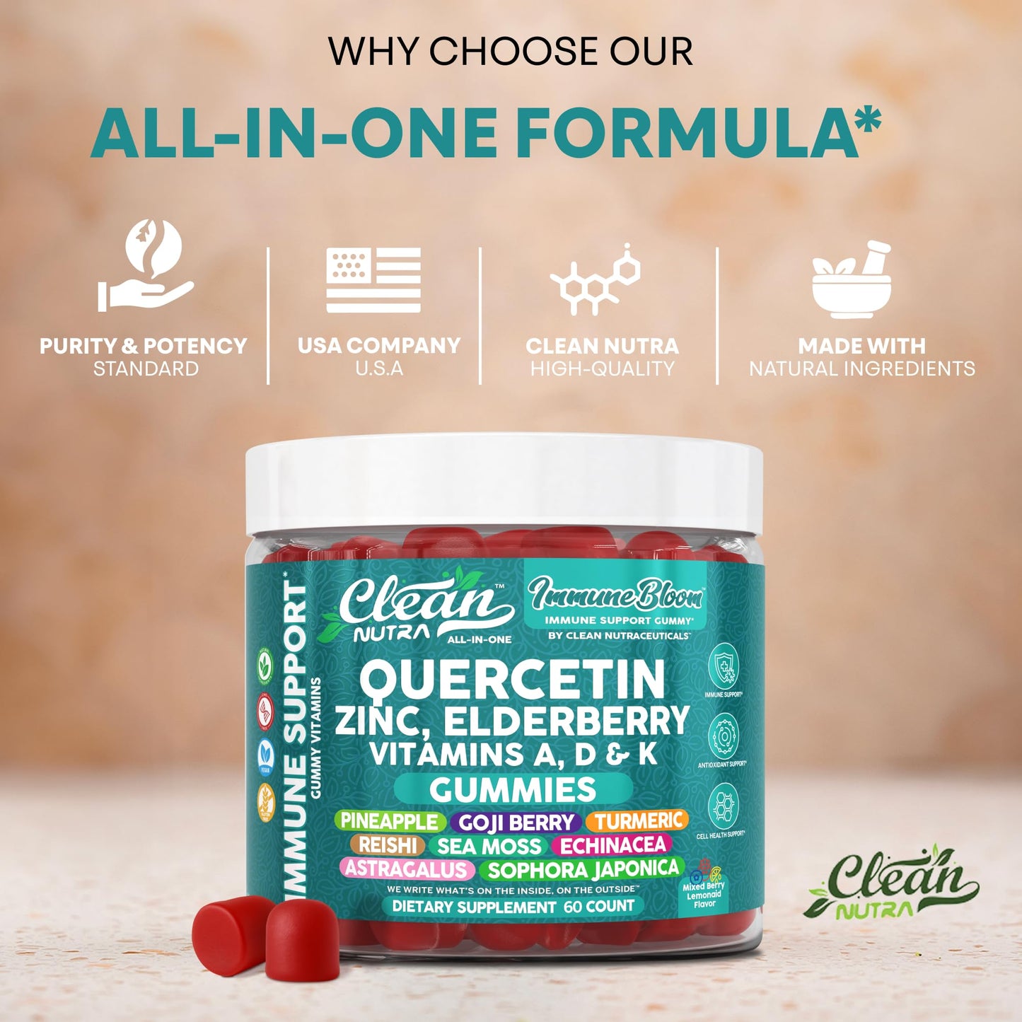 Clean Quercetin Elderberry Immune Gummies – Zinc, D3, K2, Sea Moss | Vegan Immunity Support