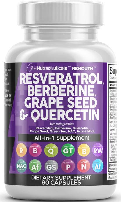 Clean Resveratrol Supplement with Berberine, Grape Seed & Quercetin