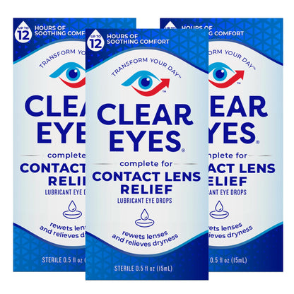 Clear Eyes Contact Lens Relief Eye Drops - Rewet Lenses & Dry Eye Comfort (0.5 fl oz, Pack of 3)