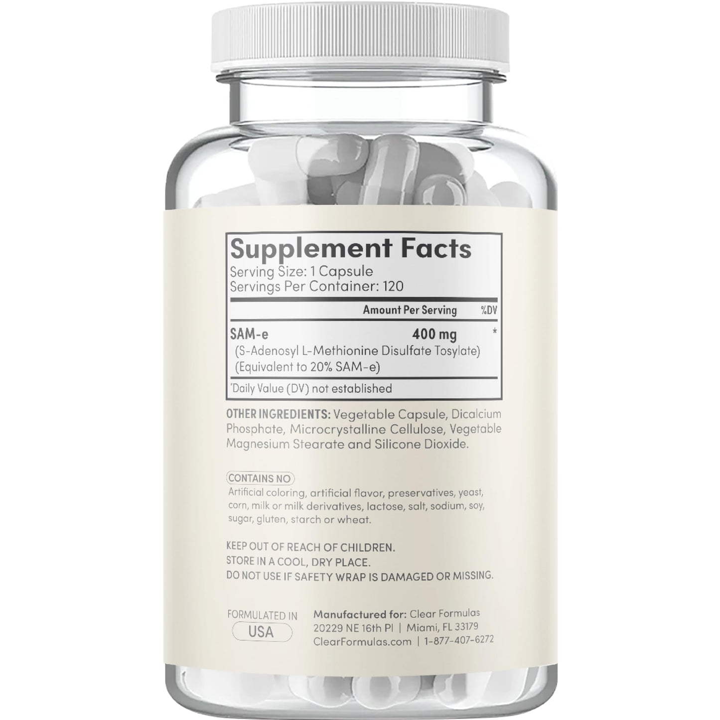 Clear Formulas Bioactive SAM-e 400mg | Mood & Liver Support | Vegan, Non-GMO | Made in USA