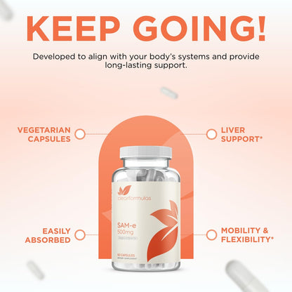 Clear Formulas Bioactive SAM-e 500mg – Mood & Liver Support (Vegan, Non-GMO, Made in USA)
