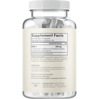 Clear Formulas Bioactive SAM-e 500mg – Mood & Liver Support (Vegan, Non-GMO, Made in USA)