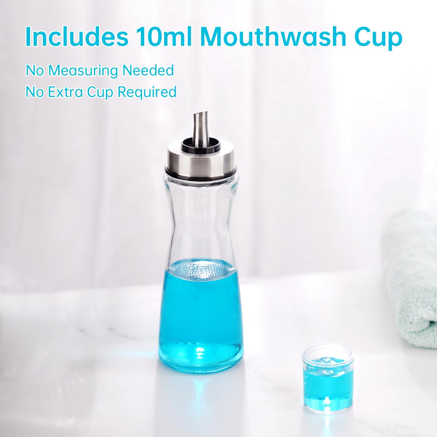 NiHome 2-Pack 10oz Leakproof Glass Mouthwash Dispensers – Easy Pour, Built-in Cup & Dust Cover