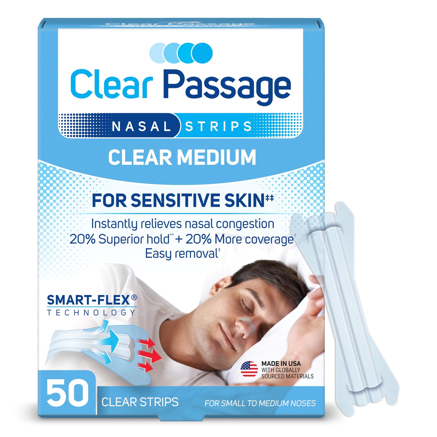 Clear Passage Nasal Strips Medium, Clear – 50 Count | Instant Breathing, Sleep Support, Snoring Reduction