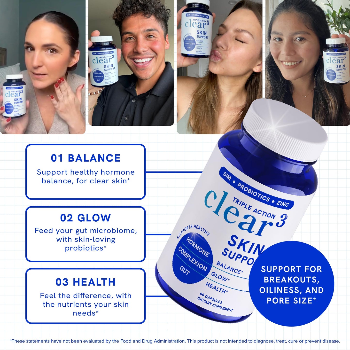 Clear Skin Supplement with Zinc, DIM & Probiotics | 60 Count