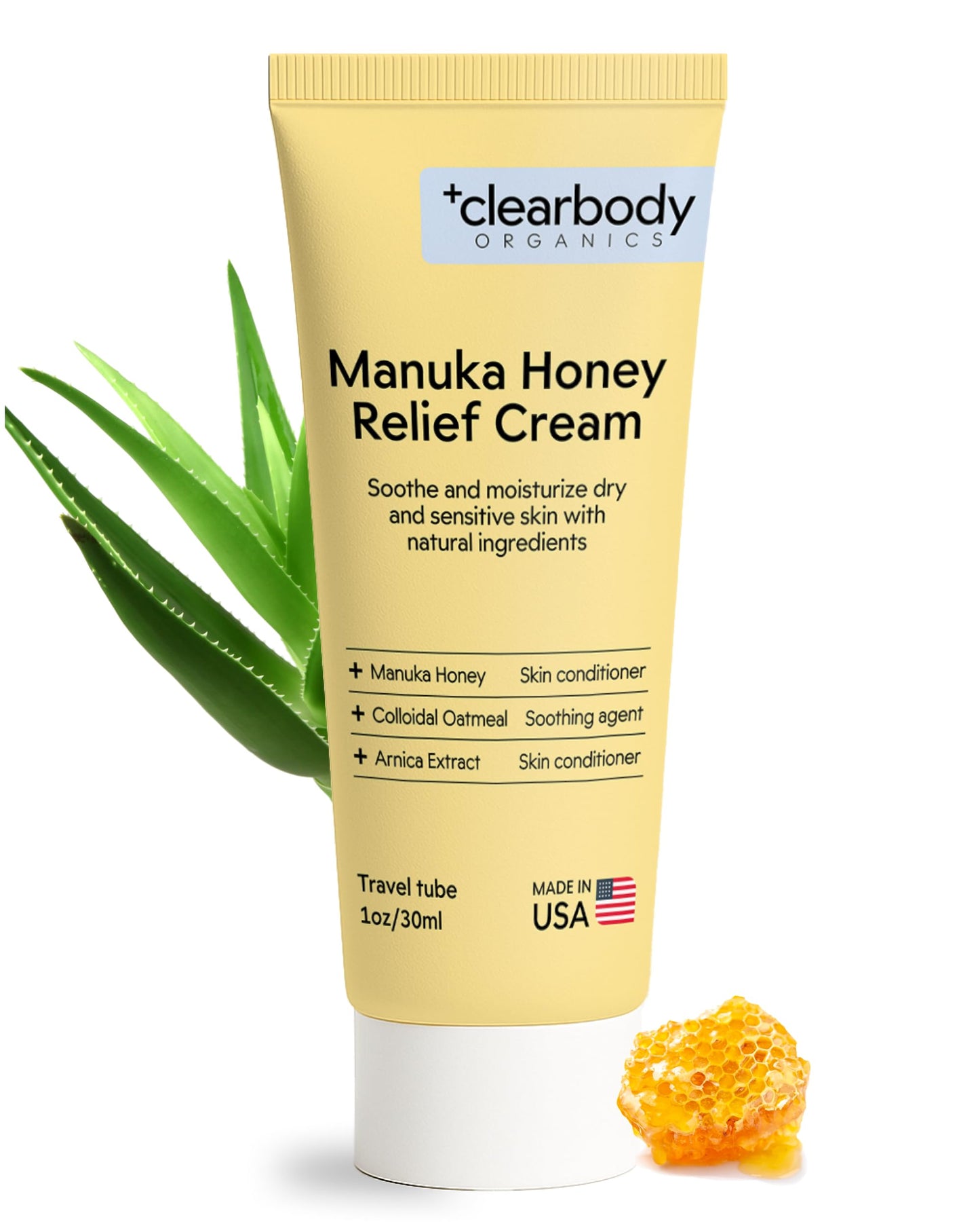 Clearbody Organics Manuka Honey Cream for Eczema & Dry Skin - Colloidal Oatmeal & Aloe - No Greasy Residue - 1 oz