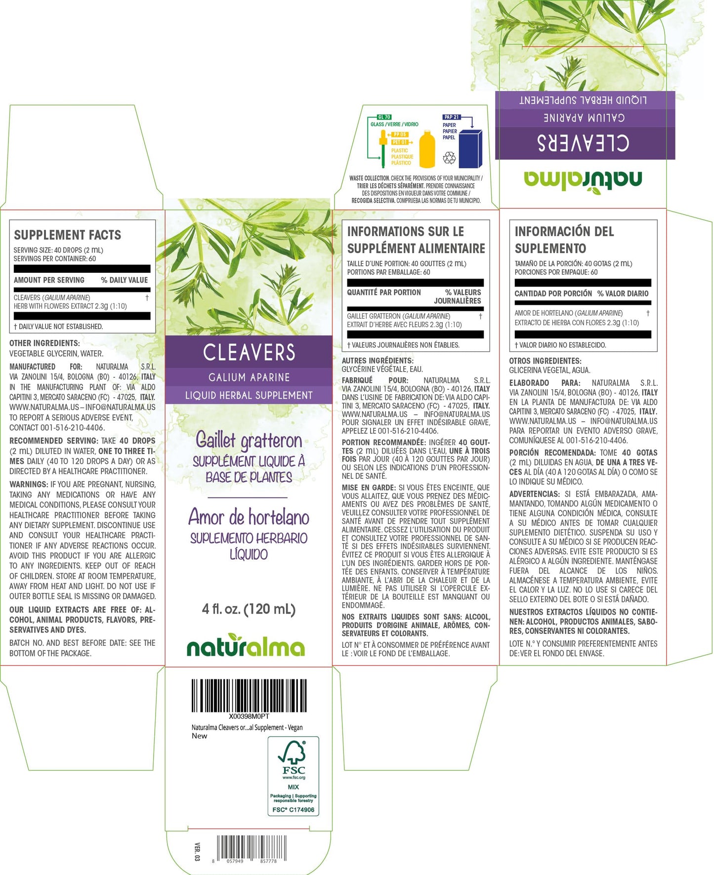 Naturalma Cleavers (Galium aparine) Alcohol-Free Tincture – 4 oz Drops | Vegan Herbal Supplement