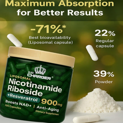 Cled Charger Liposomal NAD+ Booster – Liposomal NAD+ Supplement with Nicotinamide Riboside, Resveratrol, and NMN Alternative | 100 Capsules