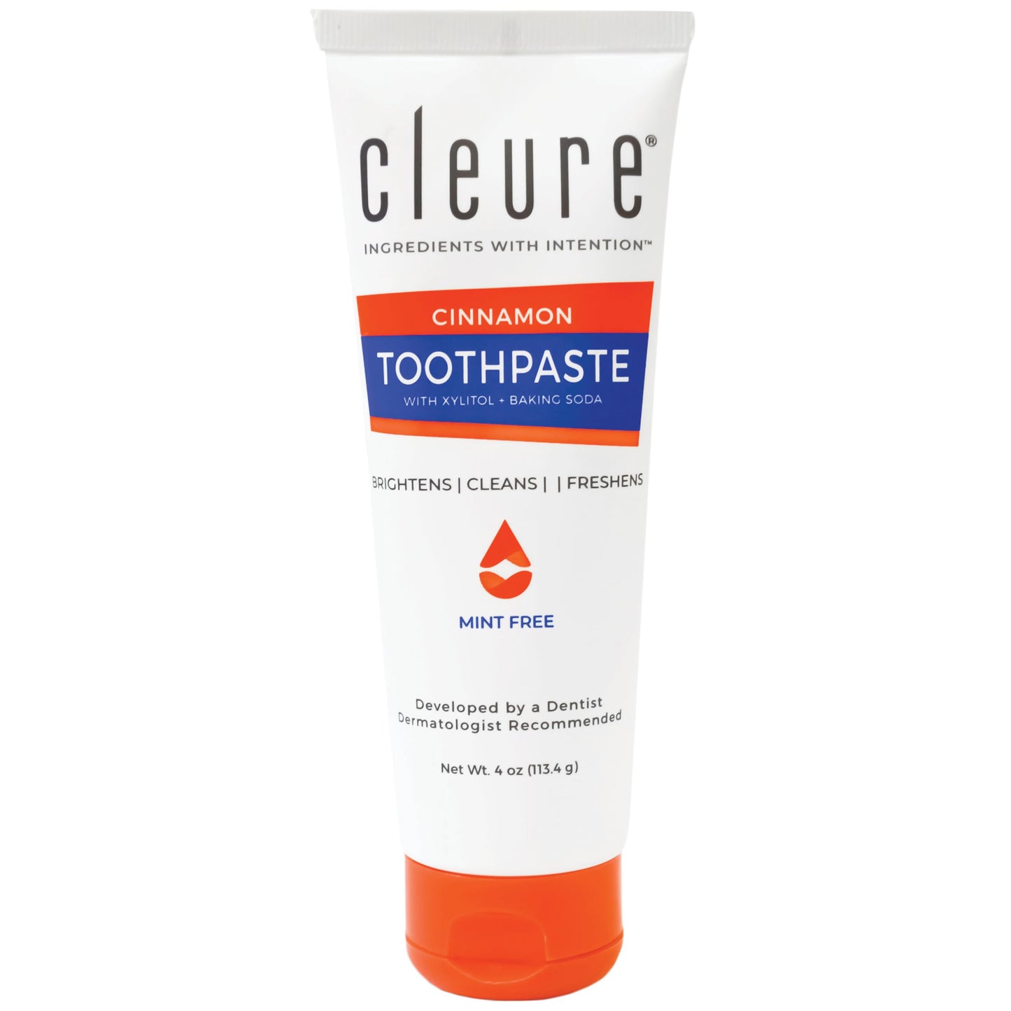 Cleure Natural Cinnamon Toothpaste - Flavor-Free, Fluoride-Free - Helps Whiten Teeth - Natural Great Taste for Children & Adults - Cinnamon Flavor (4oz Tube, Pack of 1)