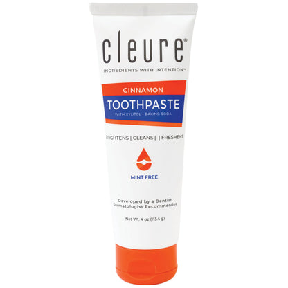 Cleure Natural Cinnamon Toothpaste - Flavor-Free, Fluoride-Free - Helps Whiten Teeth - Natural Great Taste for Children & Adults - Cinnamon Flavor (4oz Tube, Pack of 1)