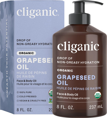 Cliganic Organic Grapeseed Oil - 100% Pure, Cold-Pressed for Skin & Hair
