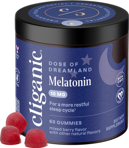 Cliganic Melatonin Gummies 10 mg – 60-Day Sleep Aid, Berry (Vegan, Non-GMO, Kosher, Gluten-Free)