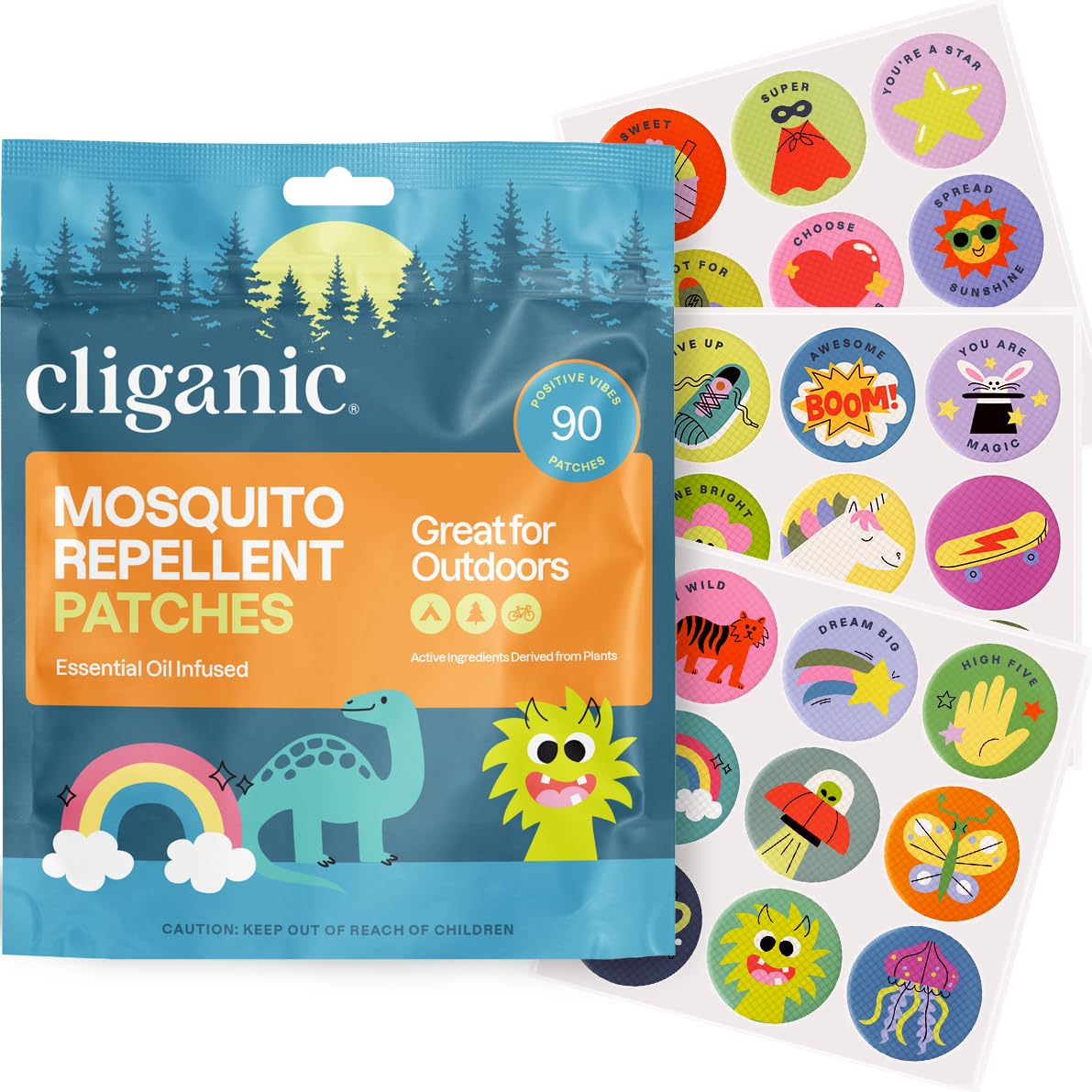 Cliganic Mosquito Repellent Stickers (90 Pack) – DEET-Free Essential Oil Patches for Kids | Positive Vibes