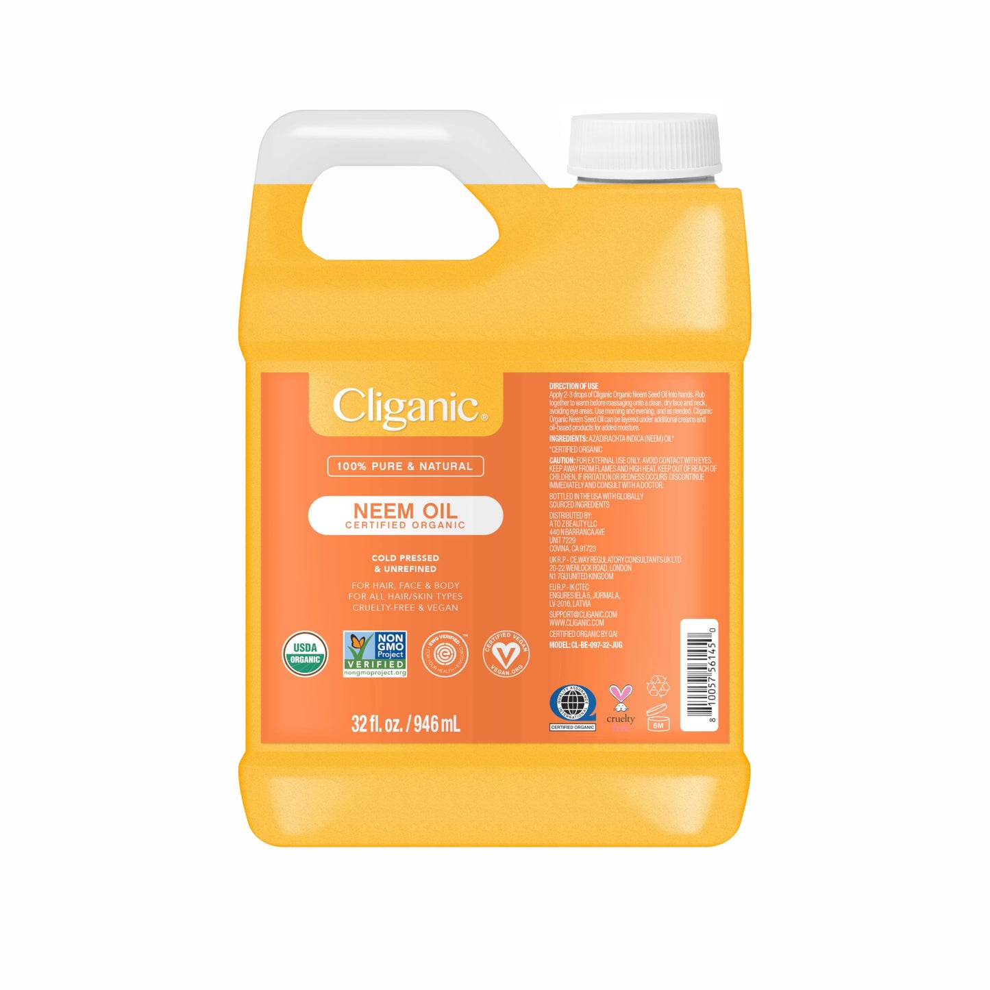 Cliganic Organic Neem Oil Bulk 32oz Jug – 100% Pure, Cold-Pressed, Non-GMO for Face, Skin & Plants