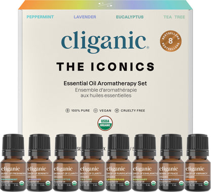 Cliganic Organic Aromatherapy Essential Oils Gift Set (Top 8 Iconics) – 100% Pure